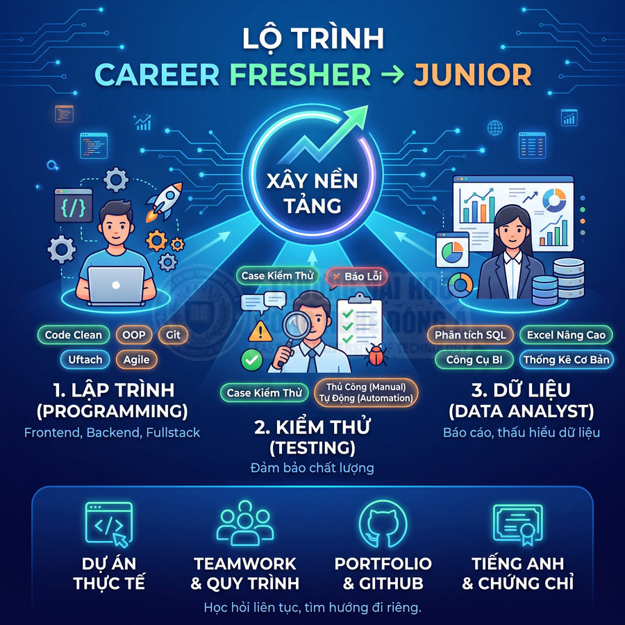 Lộ trình học lập trình, kiểm thử và phân tích dữ liệu từ fresher lên junior với kỹ năng và dự án thực tế