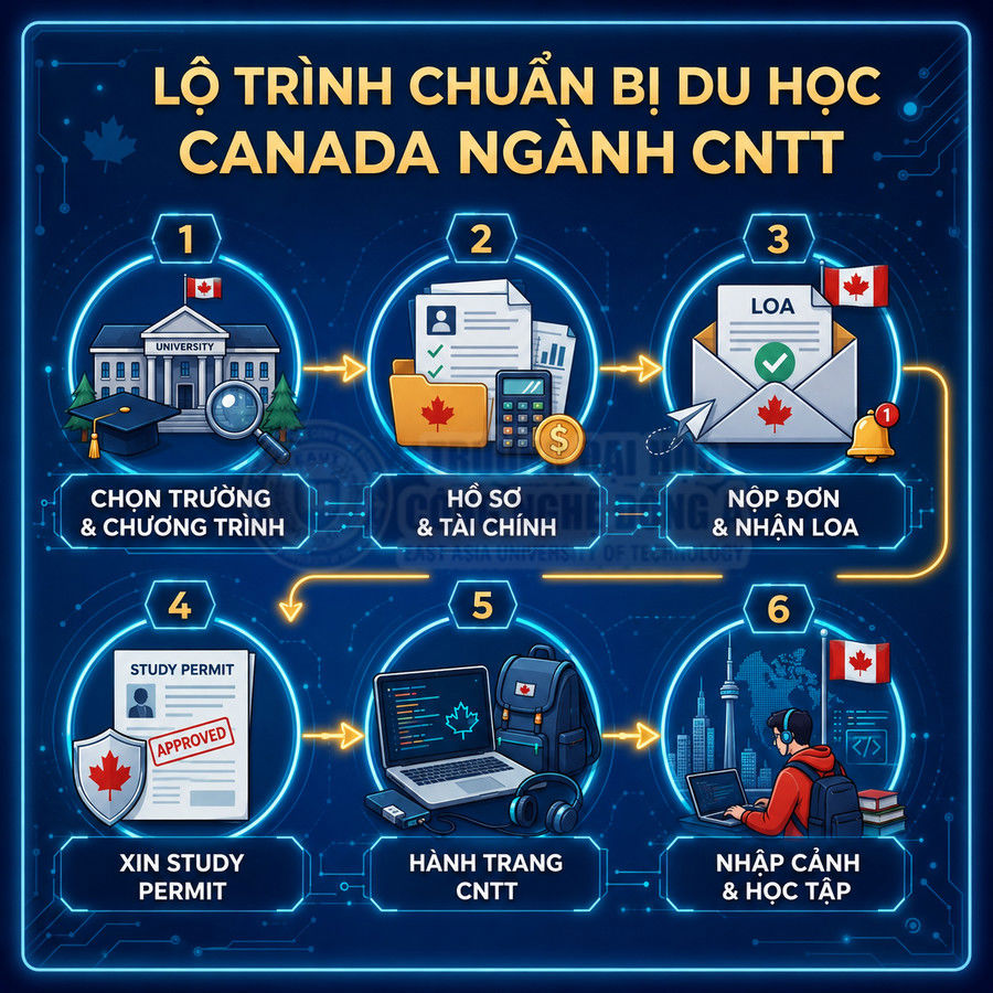 Lộ trình 6 bước chuẩn bị du học Canada ngành CNTT với minh họa hồ sơ, visa, laptop và hành trang học tập