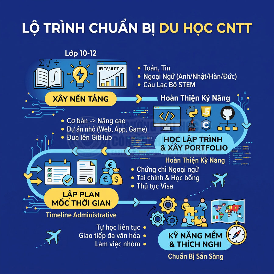 Lộ trình chuẩn bị du học ngành công nghệ thông tin cho học sinh lớp 10 đến 12 với các bước và kỹ năng cần thiết