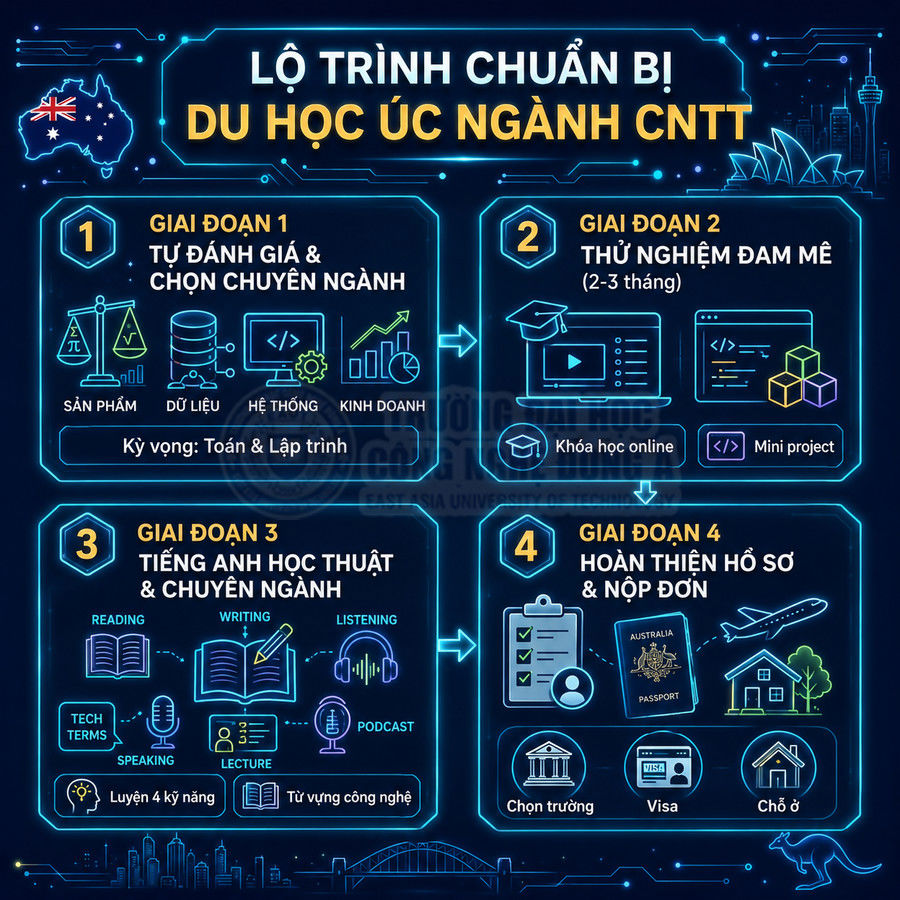 Lộ trình 4 giai đoạn chuẩn bị du học Úc ngành công nghệ thông tin với kỹ năng, khóa học và hồ sơ cần thiết