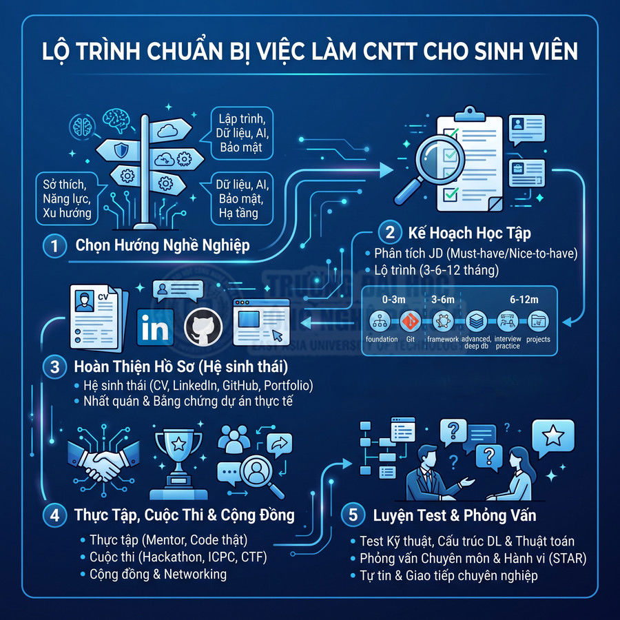 Lộ trình chuẩn bị việc làm CNTT cho sinh viên với 5 bước từ chọn hướng nghề đến luyện phỏng vấn