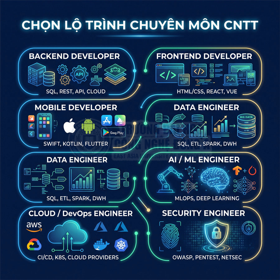 Lộ trình chuyên môn CNTT với các vị trí backend, frontend, mobile, data, AI, cloud DevOps và security engineer