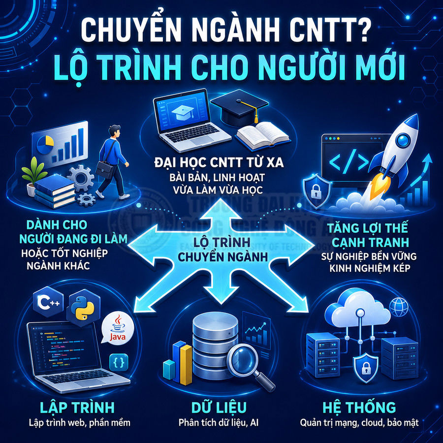 Infographic lộ trình chuyển ngành CNTT cho người mới với các hướng lập trình, dữ liệu, hệ thống và học đại học từ xa