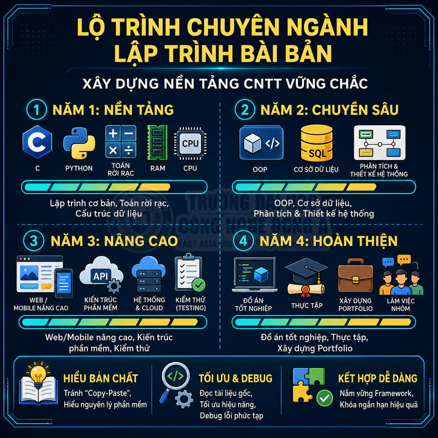 Lộ trình 4 năm học lập trình bài bản từ nền tảng C, Python đến web mobile nâng cao, đồ án tốt nghiệp và thực tập
