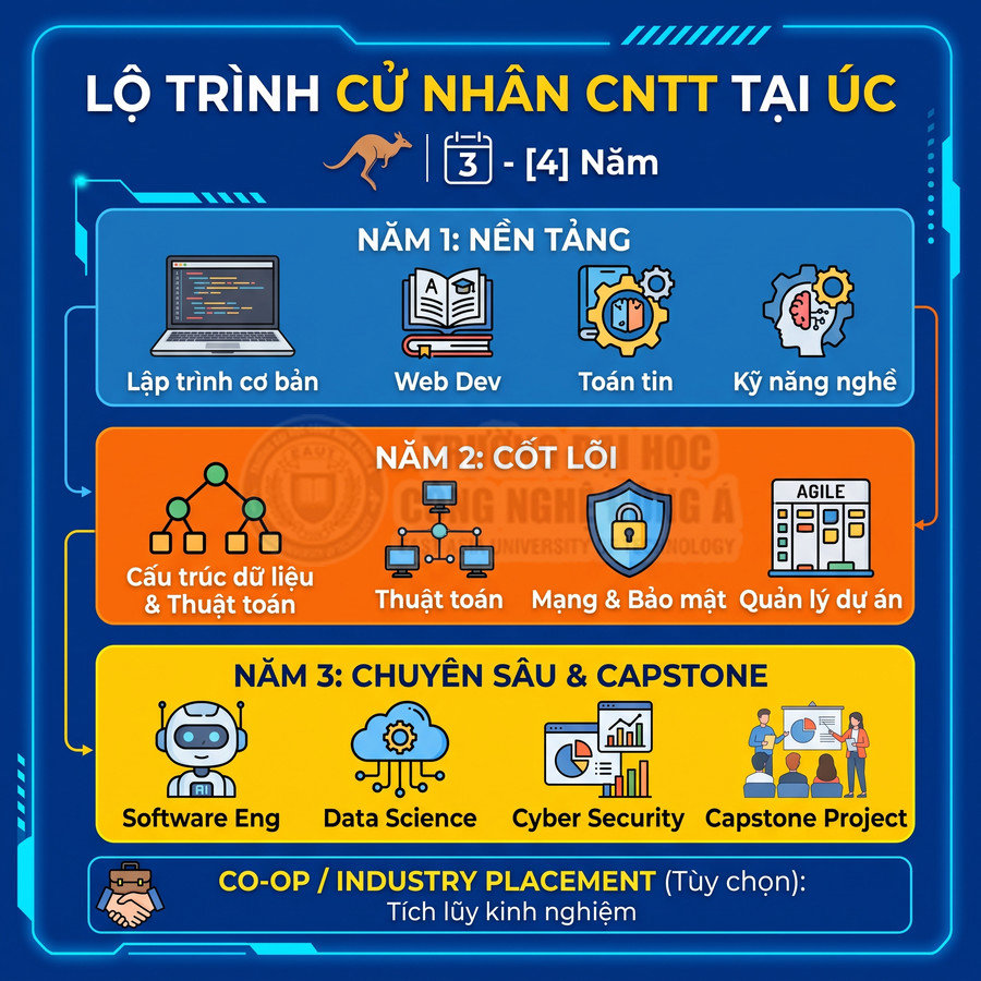 Lộ trình học cử nhân công nghệ thông tin tại Úc với các môn nền tảng, cốt lõi, chuyên sâu và thực tập doanh nghiệp