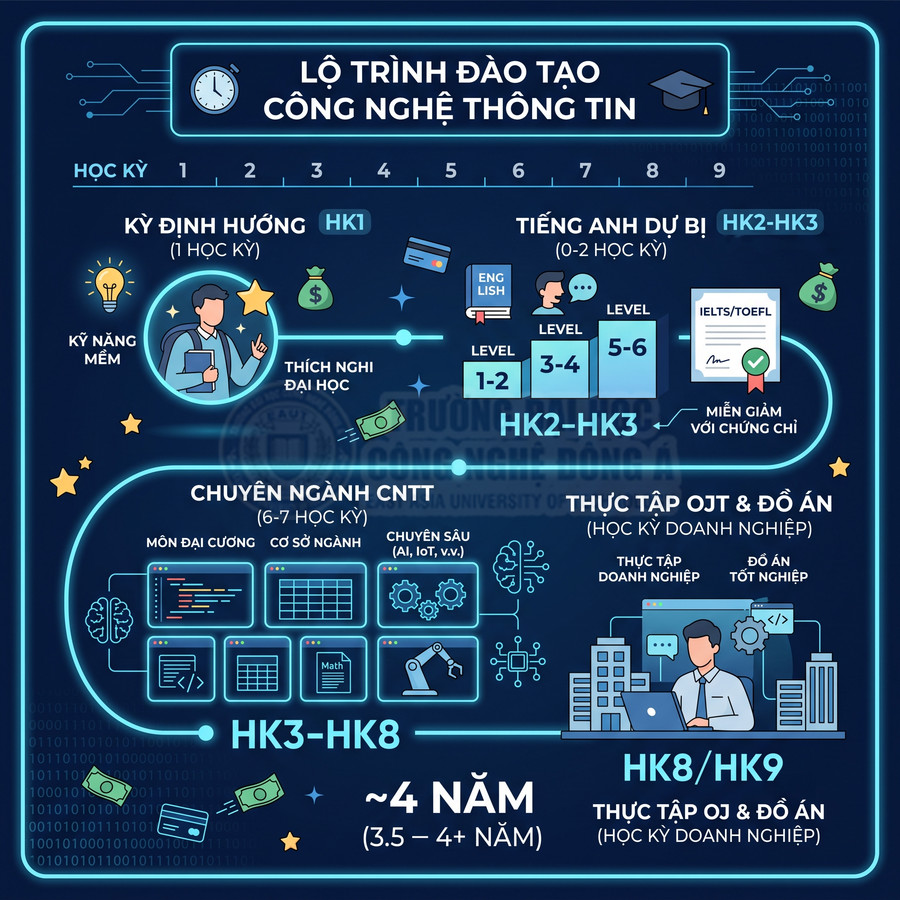 Lộ trình đào tạo ngành công nghệ thông tin 4 năm với các giai đoạn học kỳ, chuyên ngành, tiếng Anh và thực tập OJT