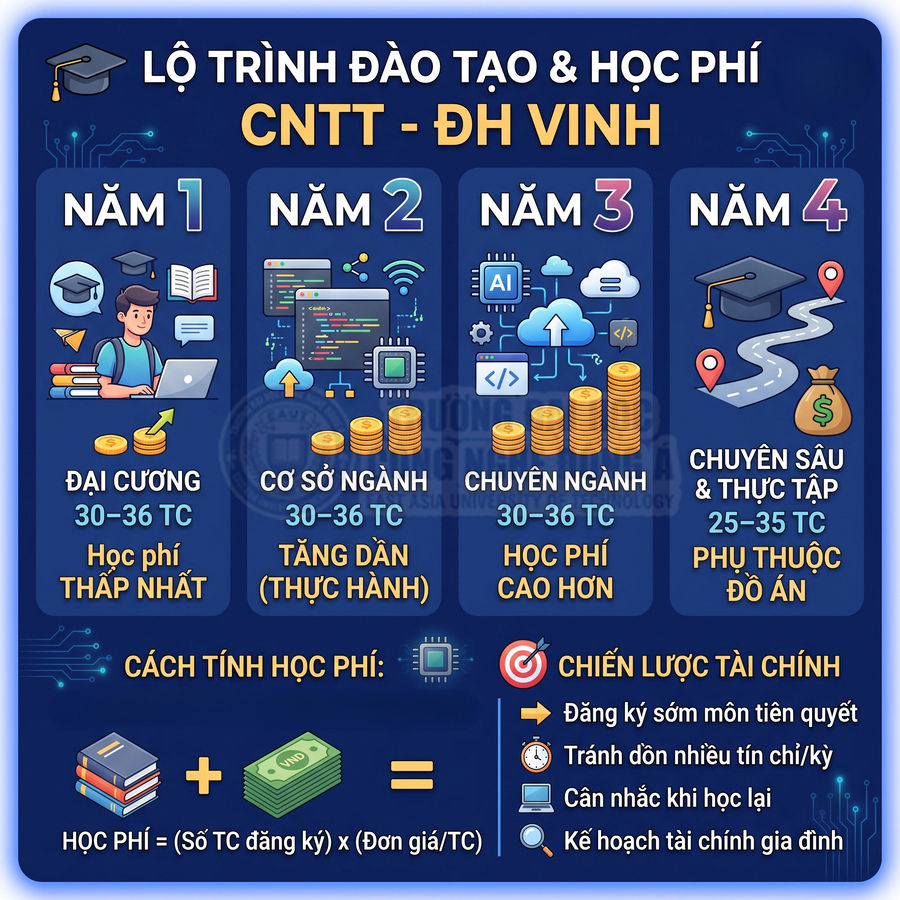 Infographic lộ trình đào tạo và học phí ngành CNTT Đại học Vinh theo từng năm học