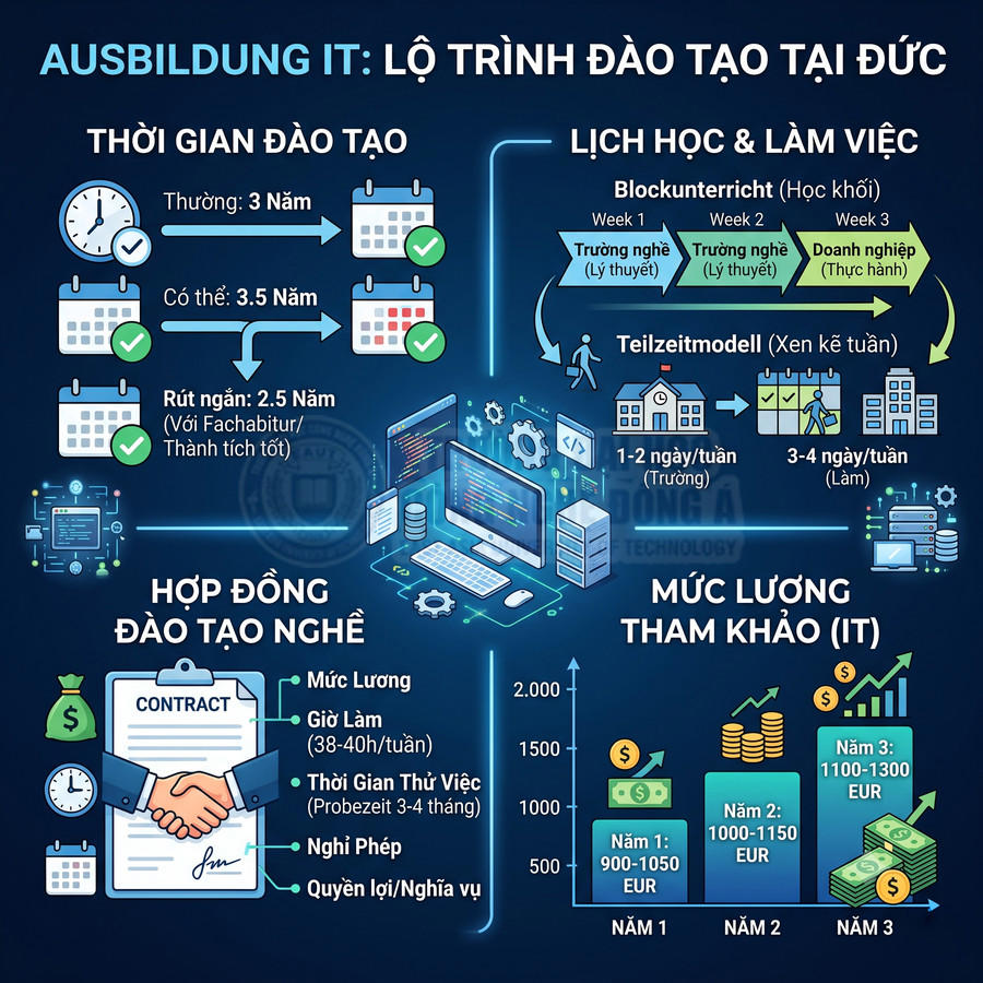 Infographic lộ trình đào tạo nghề IT tại Đức với thời gian học, lịch làm việc và mức lương tham khảo