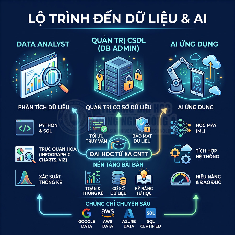 Lộ trình học Data Analyst, quản trị cơ sở dữ liệu và AI ứng dụng với kỹ năng, nền tảng và chứng chỉ chuyên sâu