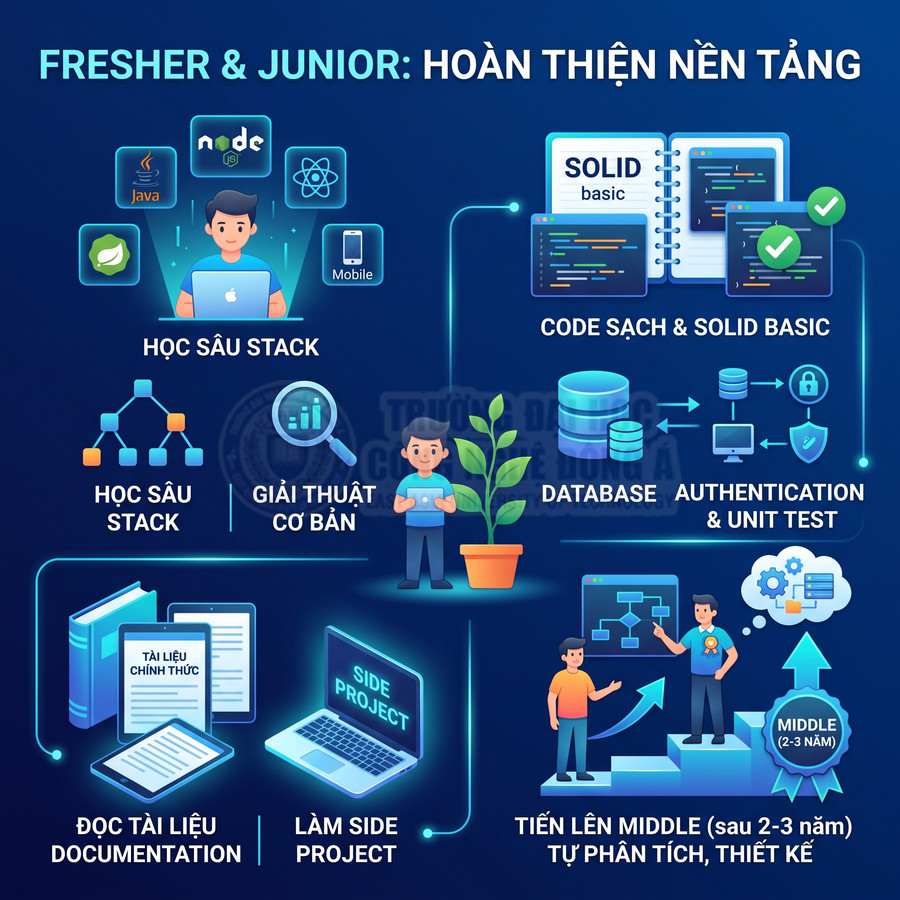 Lộ trình học lập trình cho fresher junior với stack, giải thuật, database, code sạch, side project và phát triển lên middle