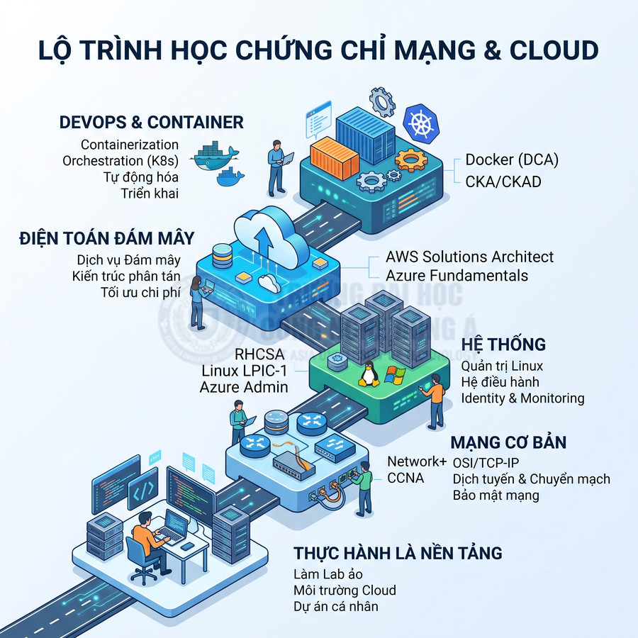 Lộ trình học chứng chỉ mạng và cloud với các bước từ mạng cơ bản, hệ thống, điện toán đám mây đến DevOps