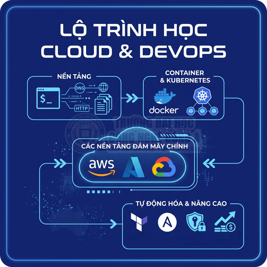 Lộ trình học Cloud DevOps với nền tảng, Docker Kubernetes, AWS Azure Google Cloud và công cụ tự động hóa