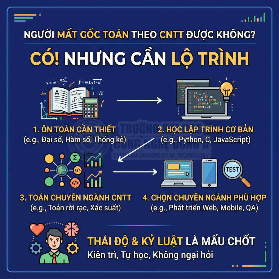 Lộ trình học CNTT cho người mất gốc toán với các bước ôn toán, học lập trình, toán chuyên ngành và chọn chuyên ngành phù hợp