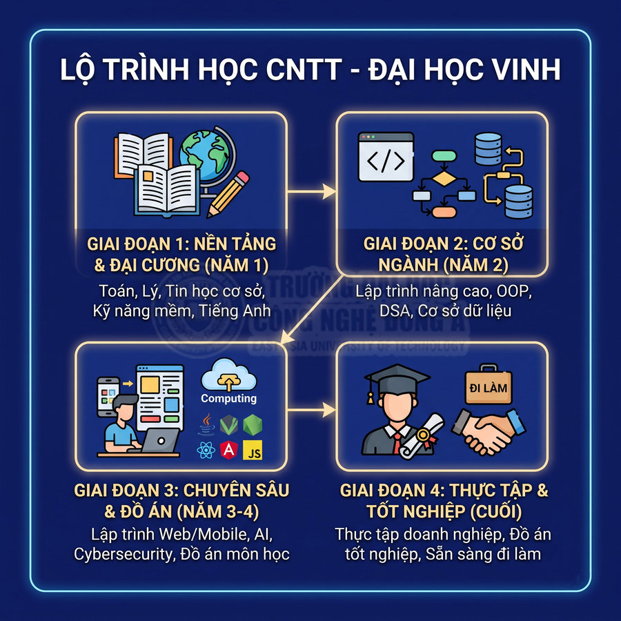 Lộ trình học ngành Công nghệ thông tin 4 giai đoạn tại Đại học Vinh từ nền tảng đến thực tập và đi làm