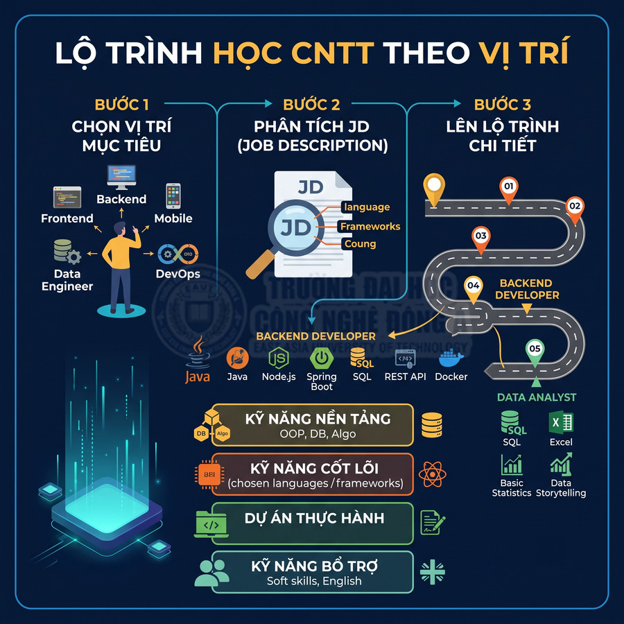 Lộ trình học CNTT theo vị trí với các bước chọn mục tiêu, phân tích JD và kỹ năng cho backend, data analyst