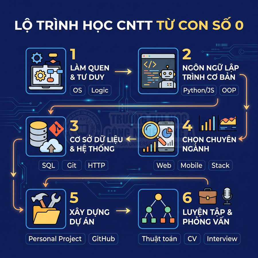Lộ trình học CNTT từ con số 0 gồm 6 bước từ làm quen tư duy đến luyện tập phỏng vấn