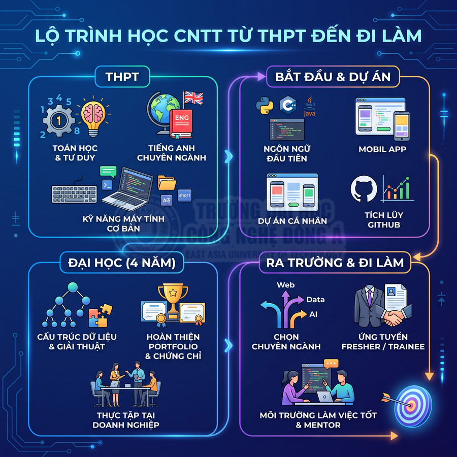 Lộ trình học CNTT từ THPT đến đi làm với các bước học, thực tập và chọn chuyên ngành lập trình