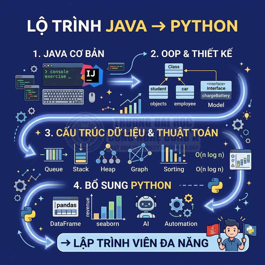 Lộ trình học lập trình Java sang Python với Java cơ bản, OOP, cấu trúc dữ liệu, thuật toán và Python nâng cao