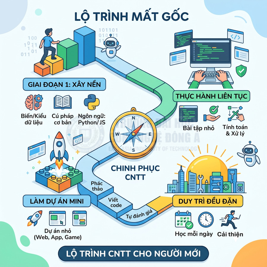 Lộ trình học CNTT cho người mới với các bước xây nền, làm dự án mini, thực hành liên tục và duy trì đều đặn