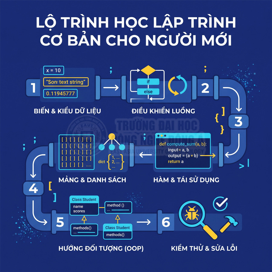 Lộ trình học lập trình cơ bản cho người mới với các bước từ biến, điều khiển luồng đến OOP và kiểm thử