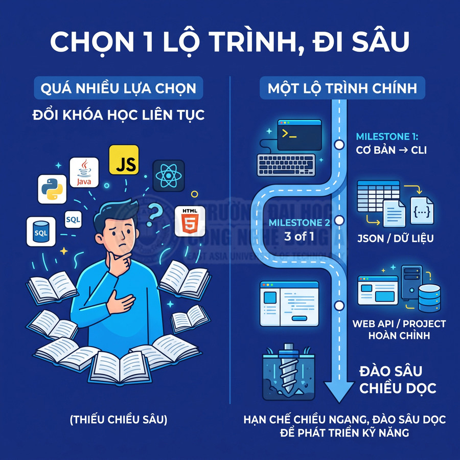 Infographic so sánh học nhiều khóa lập trình rời rạc với một lộ trình lập trình chuyên sâu theo từng milestone