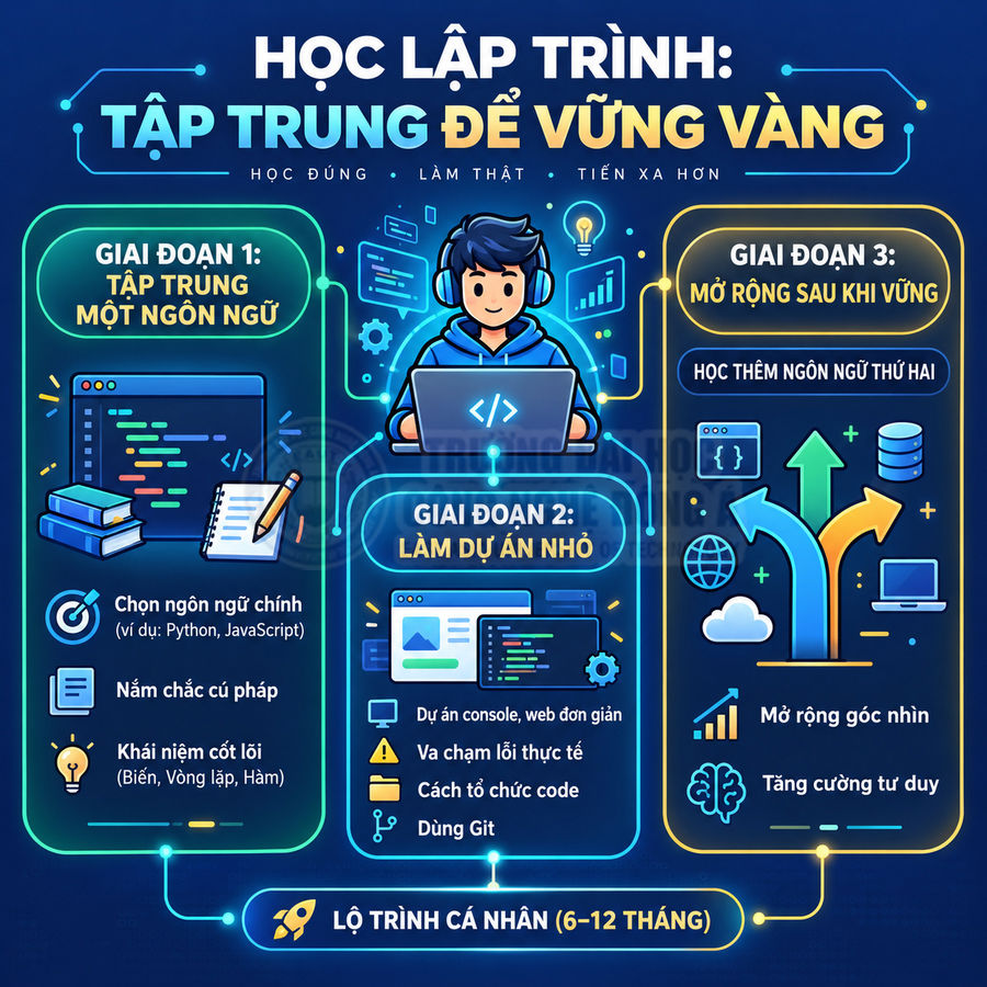 Lộ trình học lập trình 3 giai đoạn với nhân vật đang code trên laptop và các bước từ cơ bản đến nâng cao
