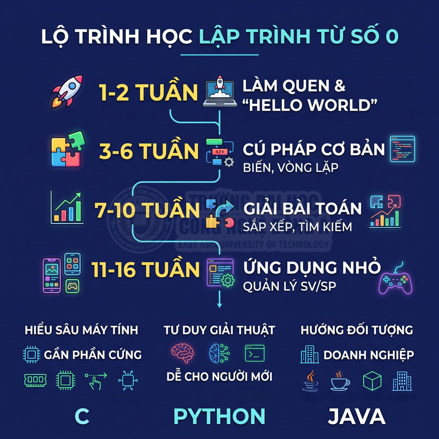 Lộ trình học lập trình từ số 0 trong 16 tuần với các giai đoạn và ngôn ngữ C Python Java