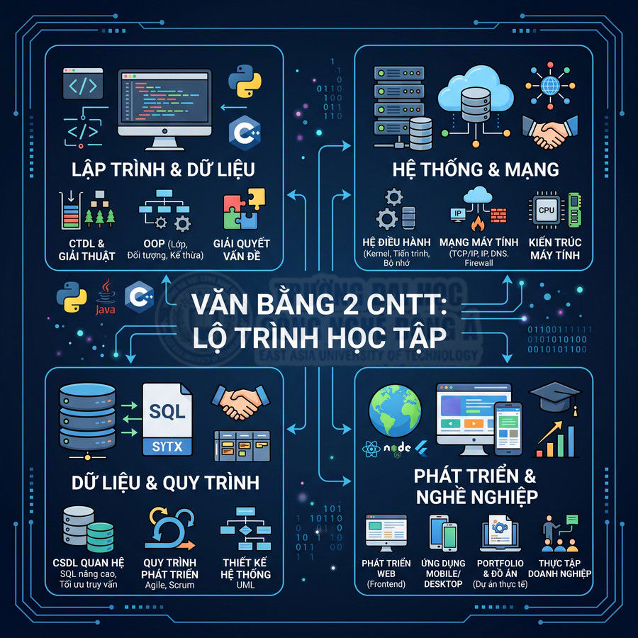 Lộ trình học văn bằng 2 CNTT với các mảng lập trình, dữ liệu, hệ thống mạng, phát triển web và định hướng nghề nghiệp