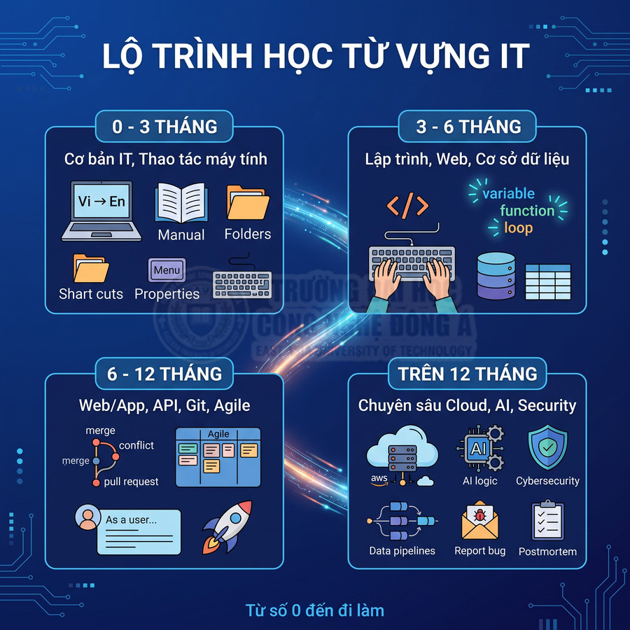 Lộ trình học từ vựng IT từ cơ bản đến nâng cao gồm IT cơ bản, lập trình web, API, Git, Cloud, AI và Security