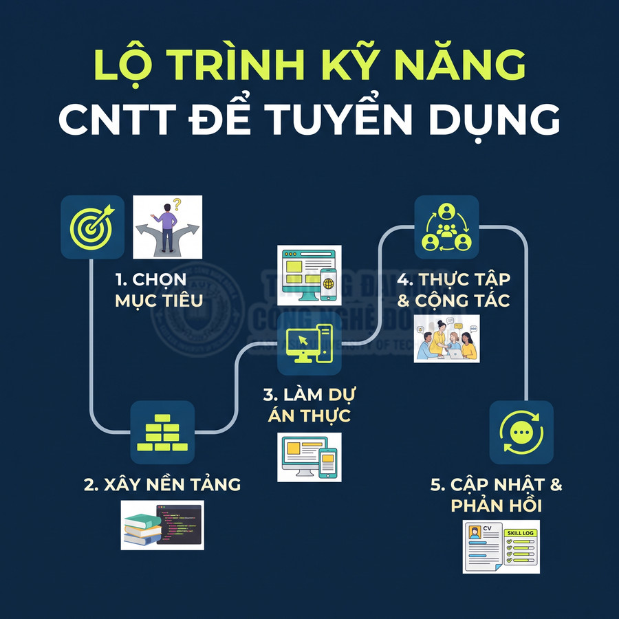 Lộ trình kỹ năng CNTT để tuyển dụng với 5 bước từ chọn mục tiêu đến cập nhật và phản hồi