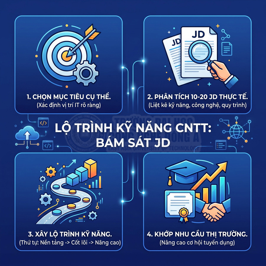 Lộ trình kỹ năng CNTT bám sát JD với 4 bước từ chọn mục tiêu, phân tích JD đến xây lộ trình và khớp nhu cầu thị trường