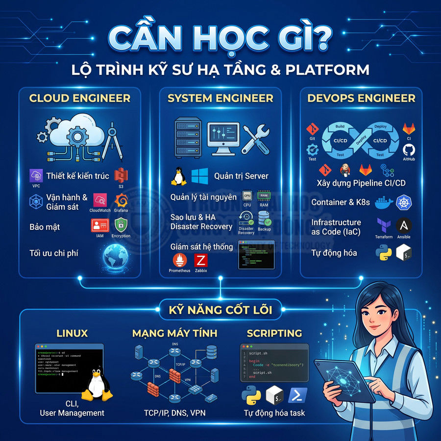 Lộ trình học kỹ sư hạ tầng và platform với các mảng cloud, system, devops và kỹ năng Linux, mạng, scripting