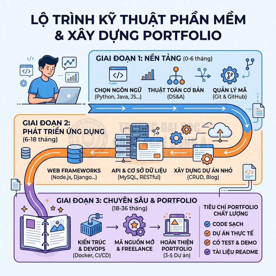Lộ trình học kỹ thuật phần mềm và xây dựng portfolio qua 3 giai đoạn từ nền tảng đến chuyên sâu