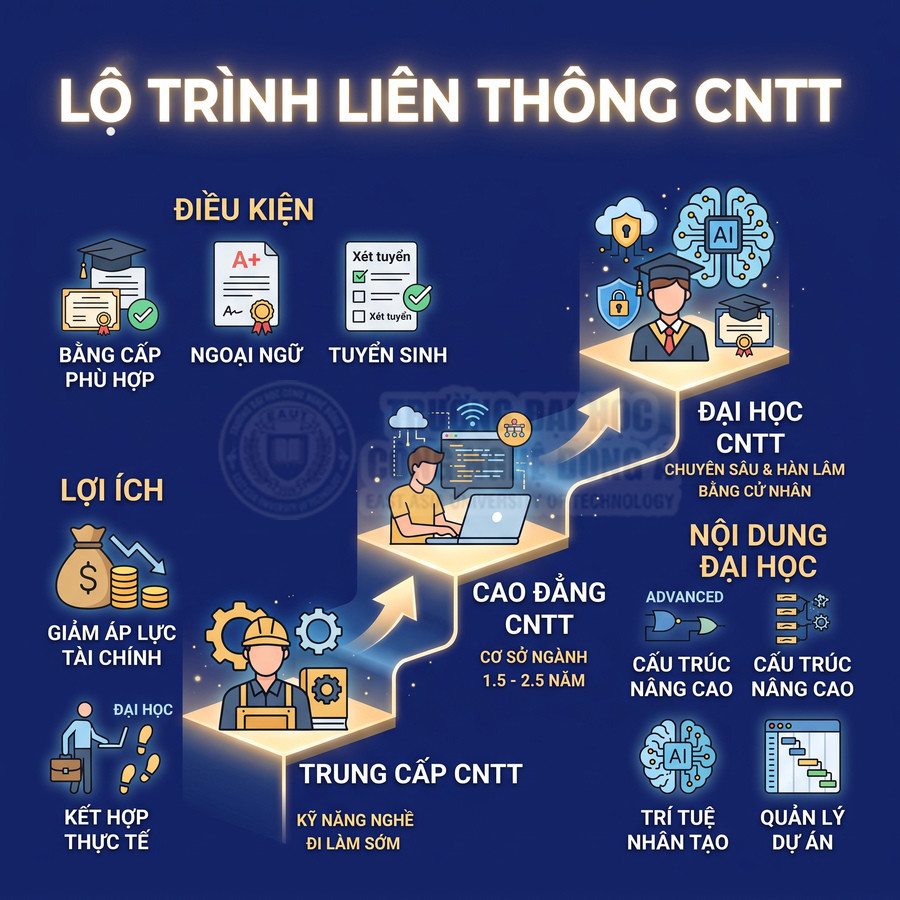 Lộ trình liên thông trung cấp cao đẳng đến đại học công nghệ thông tin, điều kiện, lợi ích và nội dung học CNTT