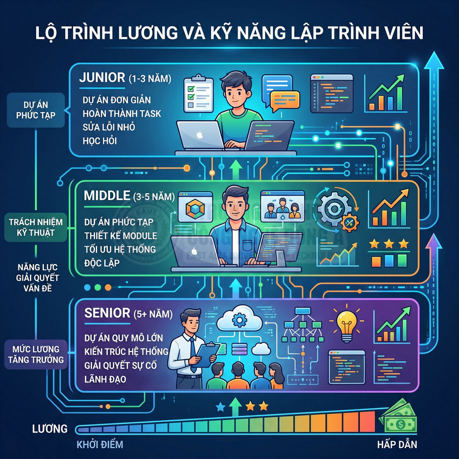 Lộ trình lương và kỹ năng lập trình viên từ junior đến senior với mô tả nhiệm vụ và mức độ hấp dẫn thu nhập