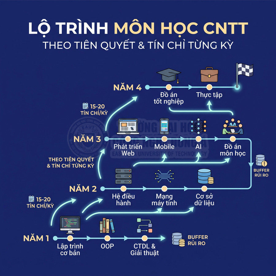 Lộ trình môn học ngành CNTT từ năm 1 đến năm 4 với các học phần lập trình, hệ điều hành, AI, đồ án và thực tập