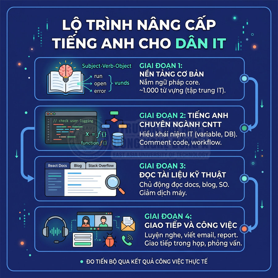 Lộ trình học tiếng Anh cho dân IT gồm 4 giai đoạn từ nền tảng cơ bản đến giao tiếp và công việc