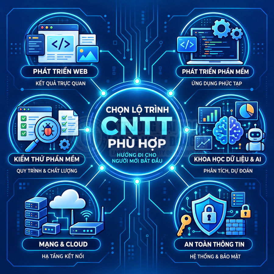 Lộ trình học CNTT cho người mới với các mảng web, phần mềm, kiểm thử, dữ liệu AI, mạng cloud và an toàn thông tin