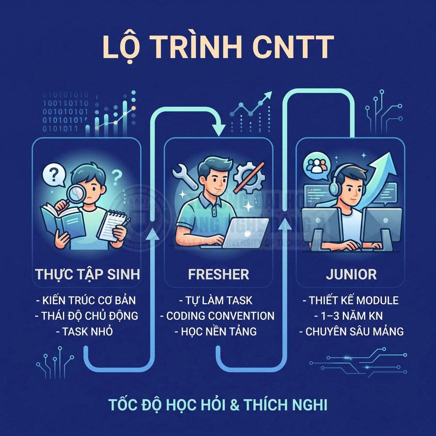 Lộ trình nghề nghiệp IT từ thực tập sinh đến fresher và junior với kỹ năng và nhiệm vụ minh họa trực quan