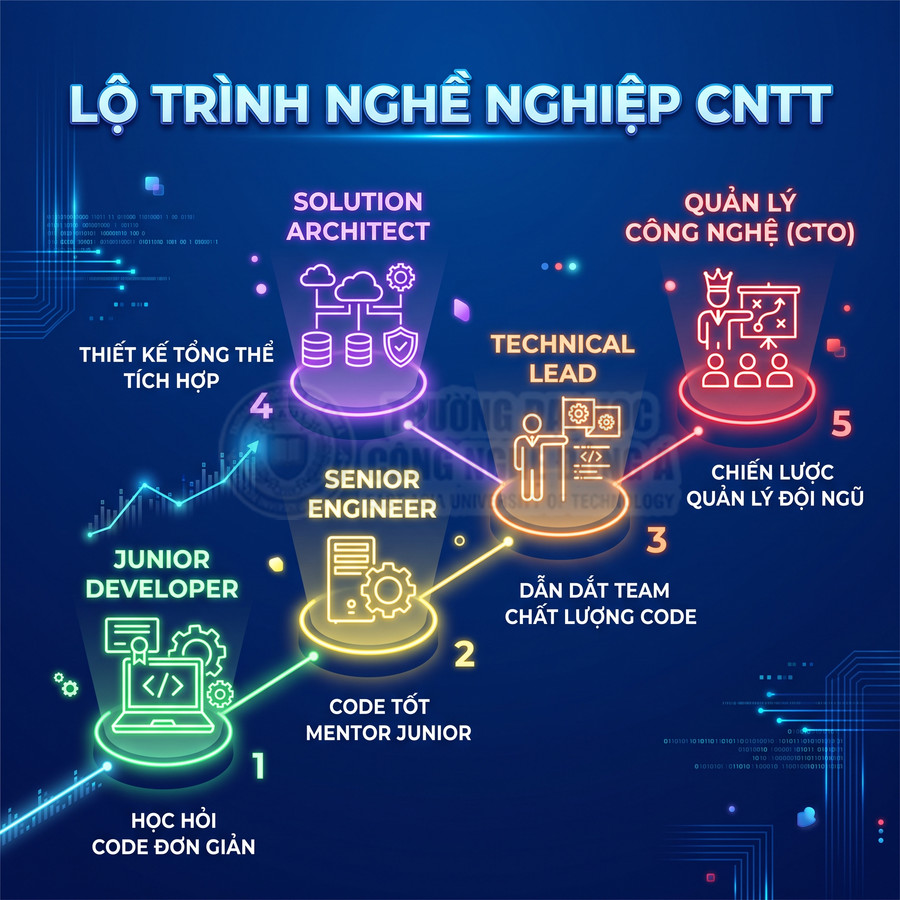 Lộ trình nghề nghiệp CNTT từ Junior Developer đến CTO với các bước kỹ năng và vai trò minh họa trực quan