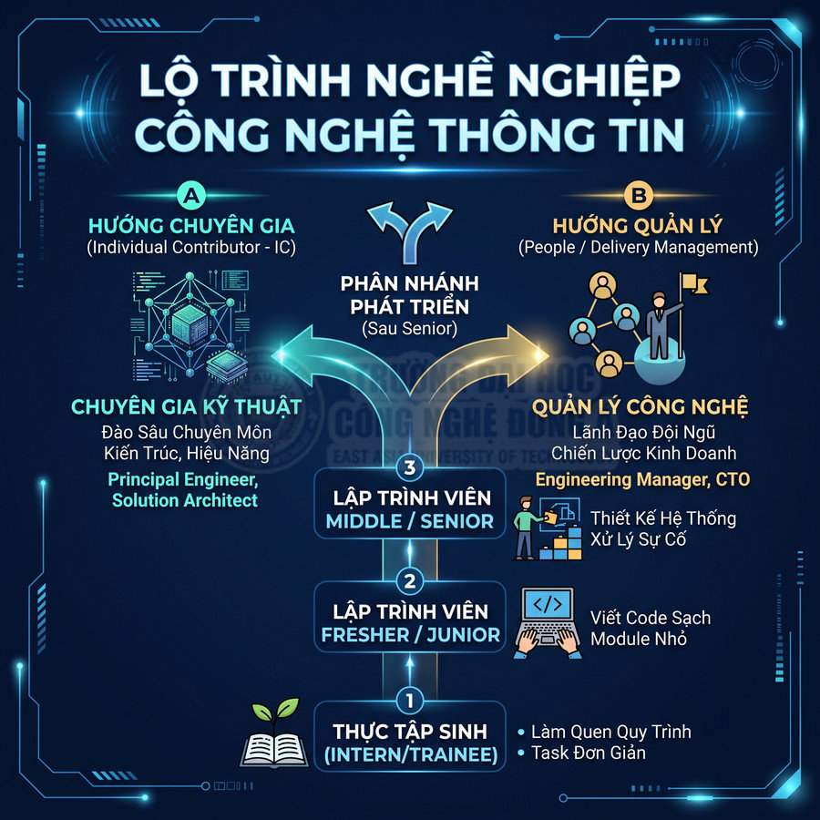 Lộ trình nghề nghiệp công nghệ thông tin từ thực tập sinh đến lập trình viên, chuyên gia kỹ thuật và quản lý công nghệ
