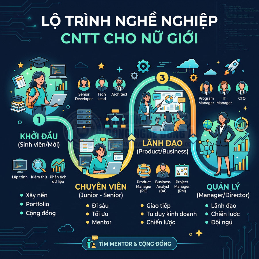 Lộ trình nghề nghiệp CNTT cho nữ giới từ sinh viên đến chuyên viên, lãnh đạo sản phẩm và quản lý cấp cao
