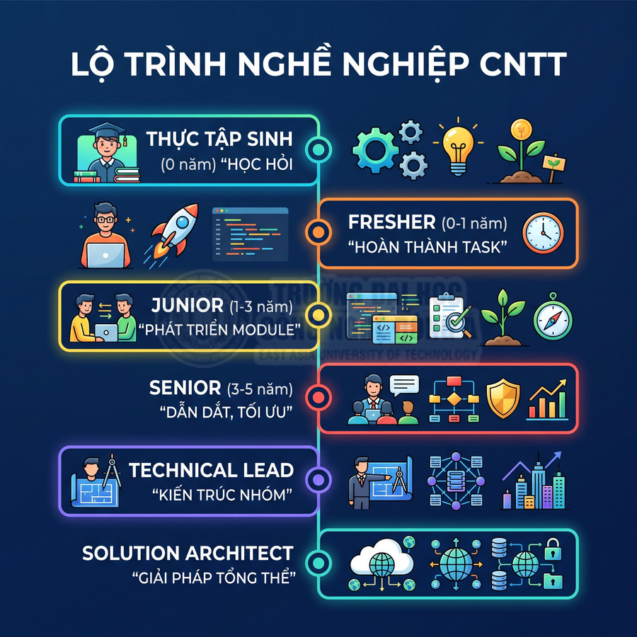 Lộ trình nghề nghiệp ngành CNTT từ thực tập sinh đến solution architect với mô tả vai trò và thời gian kinh nghiệm