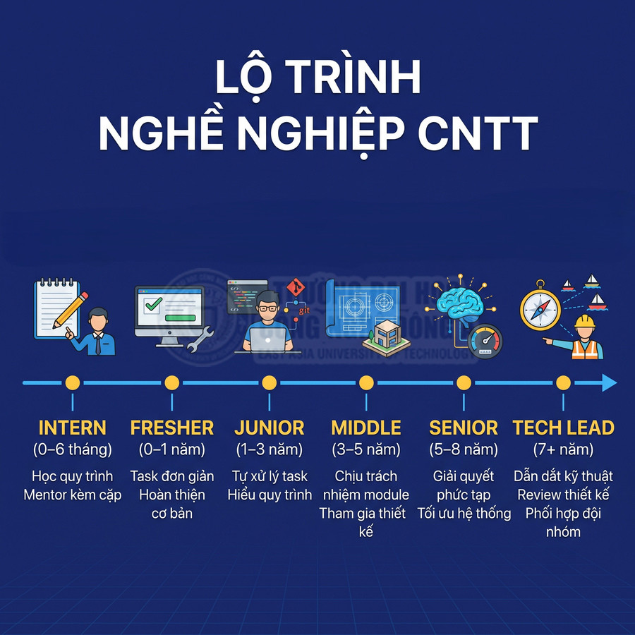 Lộ trình nghề nghiệp CNTT từ intern đến tech lead với mô tả nhiệm vụ và số năm kinh nghiệm từng cấp
