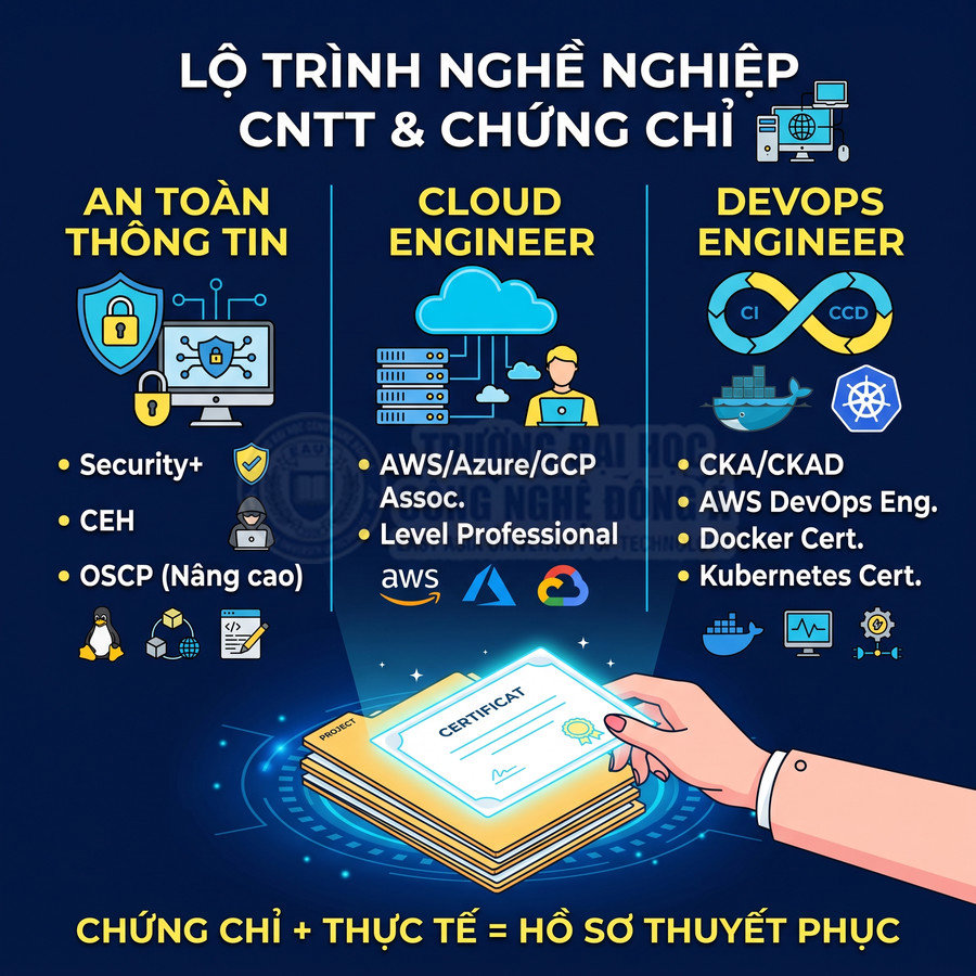 Lộ trình nghề nghiệp CNTT với chứng chỉ An toàn thông tin, Cloud Engineer, DevOps Engineer và hồ sơ chứng chỉ hấp dẫn