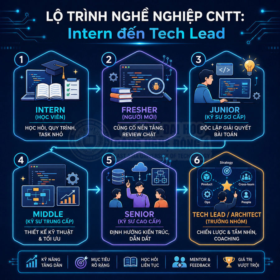 Lộ trình nghề nghiệp CNTT từ intern đến tech lead với mô tả từng cấp bậc và kỹ năng phát triển
