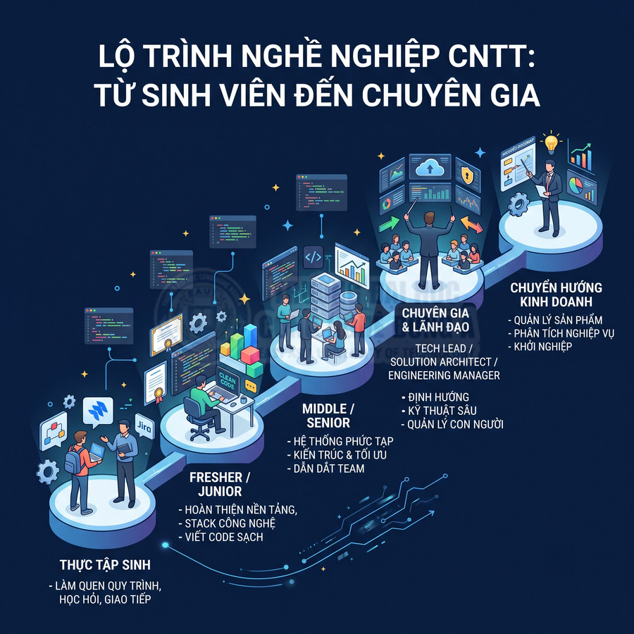 Lộ trình nghề nghiệp CNTT từ thực tập sinh đến chuyên gia và hướng kinh doanh minh họa bằng các bước phát triển