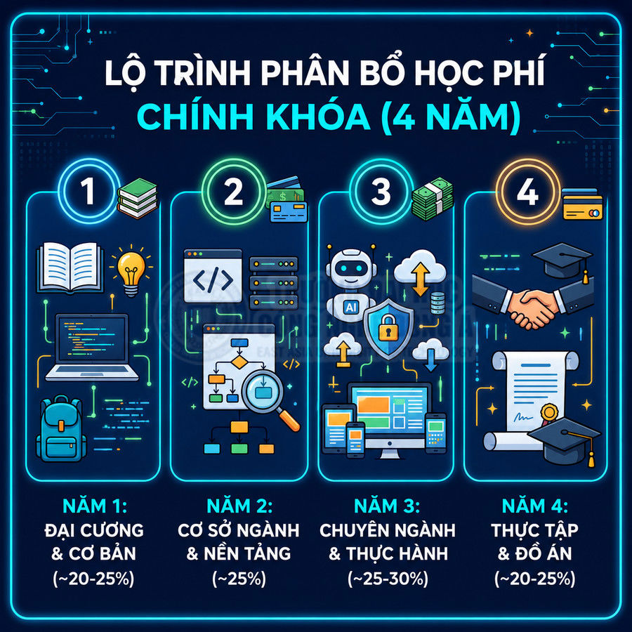 Lộ trình phân bổ học phí chính khóa 4 năm với các giai đoạn đại cương, cơ sở ngành, chuyên ngành và thực tập