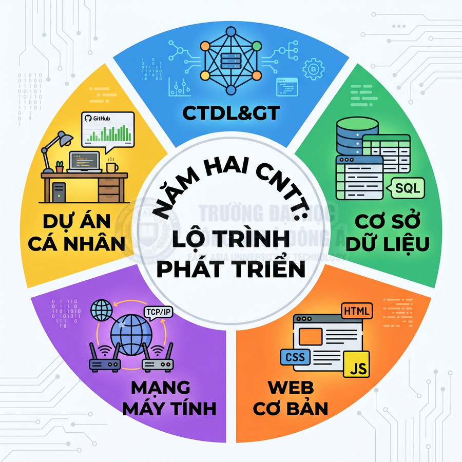 Lộ trình phát triển năm hai CNTT với các môn CTDL GT, cơ sở dữ liệu, web cơ bản, mạng máy tính và dự án cá nhân