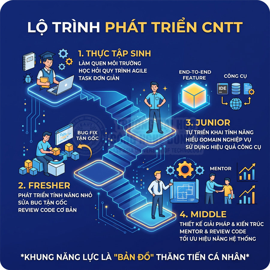 Lộ trình phát triển nghề nghiệp IT từ thực tập sinh đến middle developer minh họa bằng bậc thang và icon trực quan